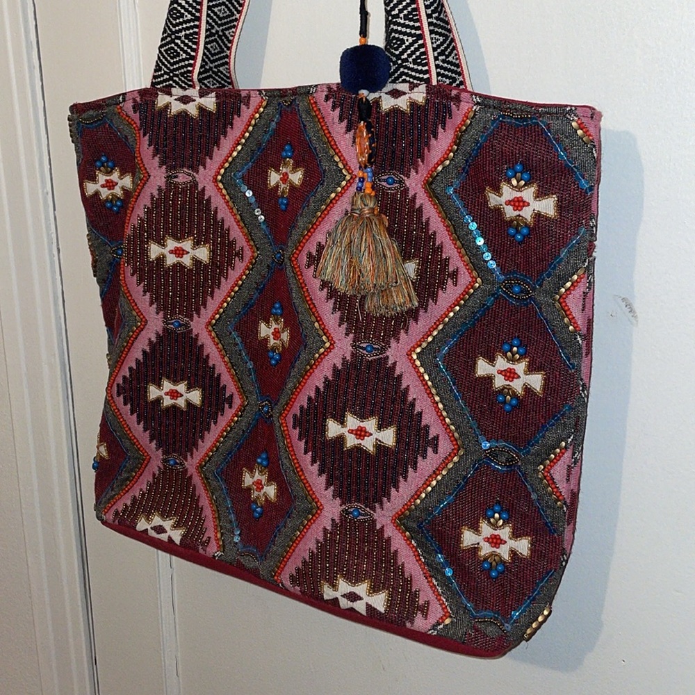 Steven by Steve Madden Aztec beaded large tote with tassel fringe charm - Picture 2 of 14
